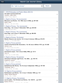 Screenshot of Search results from a full-text search of HeinOnline using their iPad app