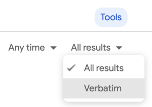 Screenshot of how to change Google search results from all results to verbatim