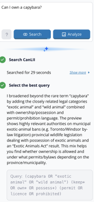 CanLII search box and proposed search query